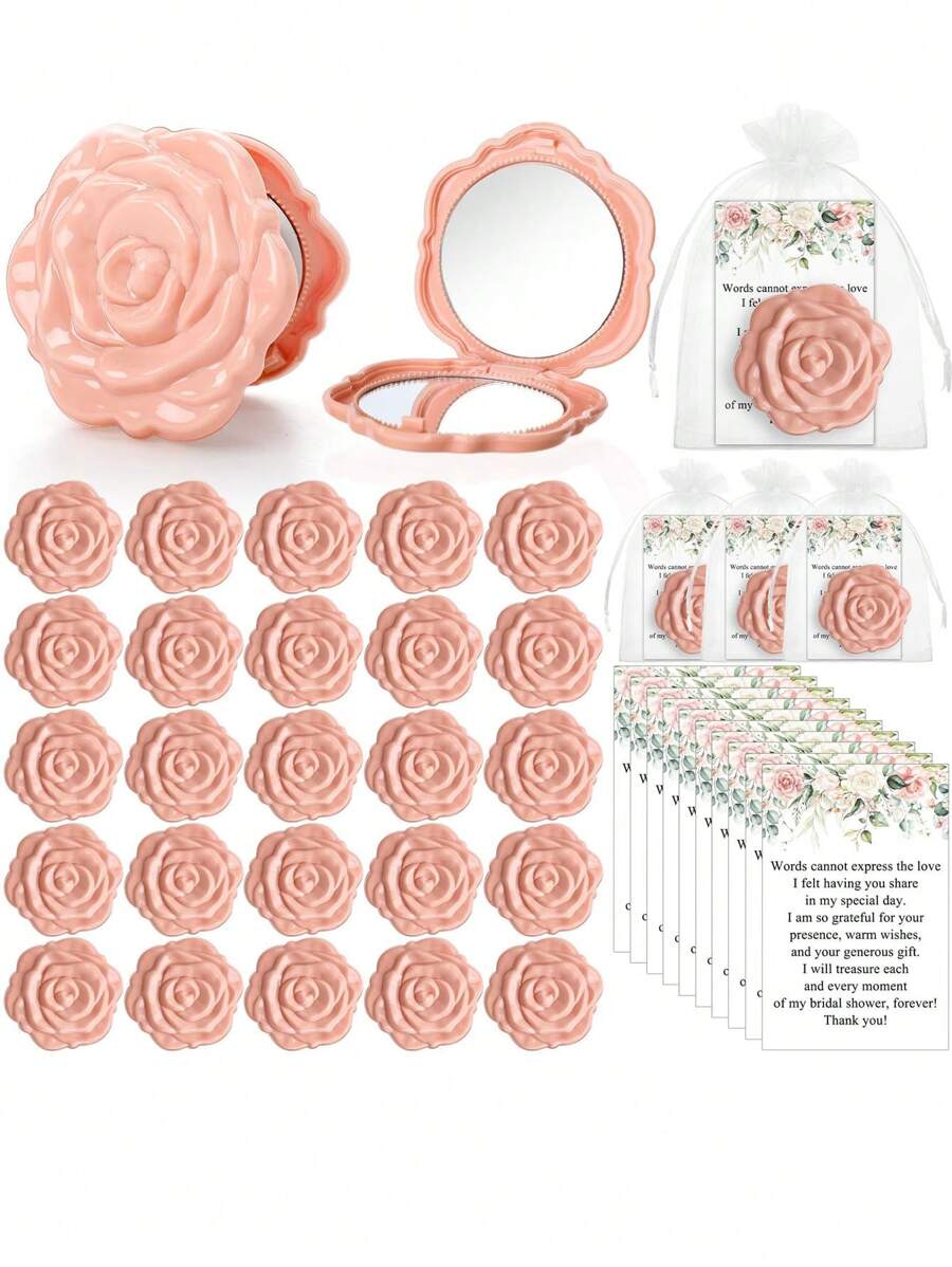 Set da 9 pezzi di specchi pieghevoli da regalo per la sposa (inclusi 3 specchi da trucco a forma di rosa, 3 biglietti di ringraziamento e 3 borse di organza), specchio a forma di rosa pieghevole, specchio compatto portatile per il trucco, omaggi per feste di matrimonio, regali per damigelle, ricordi per gli ospiti