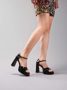 Women's Black High Heel Shoes With Waterproof Platform, Glossy PU Material, Thick Wedge Heel, Open Toe, Suitable For Summer Party