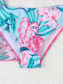 Young Girl Tropical Plant Print Swimwear Set With Kimono Cover-Up