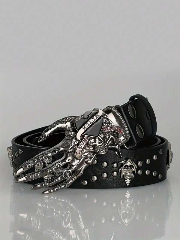 1pc Y2K Style Black Faux Leather Belt With Skull & Rivet Details - Edgy Alloy Buckle For Parties, Gatherings, And Valentine's Day Summer, School Fall, Autumn, Halloween Autumn-Winter Accessories,Suitable For Teens, Youth,Men,Casual, Outdoor, Athletic, Vacation, Graduation Gifts, Birthday, Daily Wear