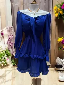 SHORT DRESS WITH LONG SLEEVES AND SPRING, COUNTRY STYLE, DOUBLE Ruffle, CEY FABRIC. MOD. ELSIE - Royal Blue - View 5