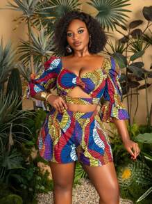 Faeriesty Plus Chic Sweetheart Neck Mid-Length Ruffled Sleeves Cut Out Front Top & A-Line Mini Shorts Plus Size Two Pieces Set In Vibrant African Print – Perfect For Summer Beach Parties, Tropical Weddings, And Seasonal Getaways (Lightweight & Breathable) Summer Outfits Spring Clothes - Multicolor - View 4
