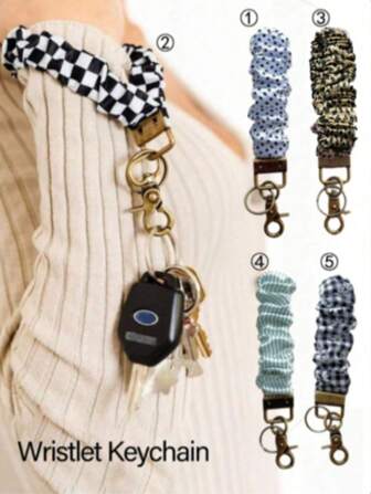 Wristlet Keychain For Women, Scrunchie Bracelet Key Ring With Clip Closure, Stretchy Wrist Lanyard,Keychain For Car Keys,Black And White Checkered Pattern,Daisy Pattern, Striped Pattern.Gifts Keychain Wristlet Gifts For Her Gifts For Women