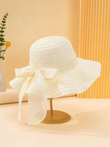1 件男女通用幼儿亚麻面料蝴蝶结装饰简约休闲波浪风格草编太阳帽，适合夏季外出、日常生活防晒、沙滩度假装、儿童节礼物、婚礼季节服装