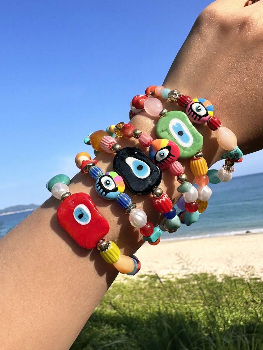 1 pieza Pulsera hecha a mano de cuentas de vidrio coloridas con diseño de ojo malvado, joyería boho de verano y playa para mujer (el color y la forma varían) - Multicolor - Ver 1