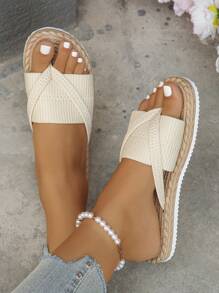 Sandal Wanita Datar Serbaguna Modis Musim Panas Baru Ukuran Plus 35-45 dengan Simpul Pita, Sol Tali Linen Imitasi, Sandal Kasual Ringan untuk Aktivitas Luar Ruangan - Krem - View 3
