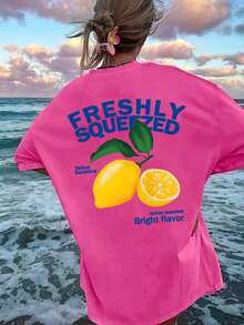 Áo thun tay ngắn cổ tròn in hình kỳ nghỉ chanh tươi mát cho nữ - Màu Hồng Tươi - Xem 2