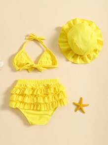 Conjuntos de trajes de baño de verano para niñas pequeñas, blusa con cuello colgante, pantalones cortos con volantes en capas y sombrero. - Amarillo - Ver 3