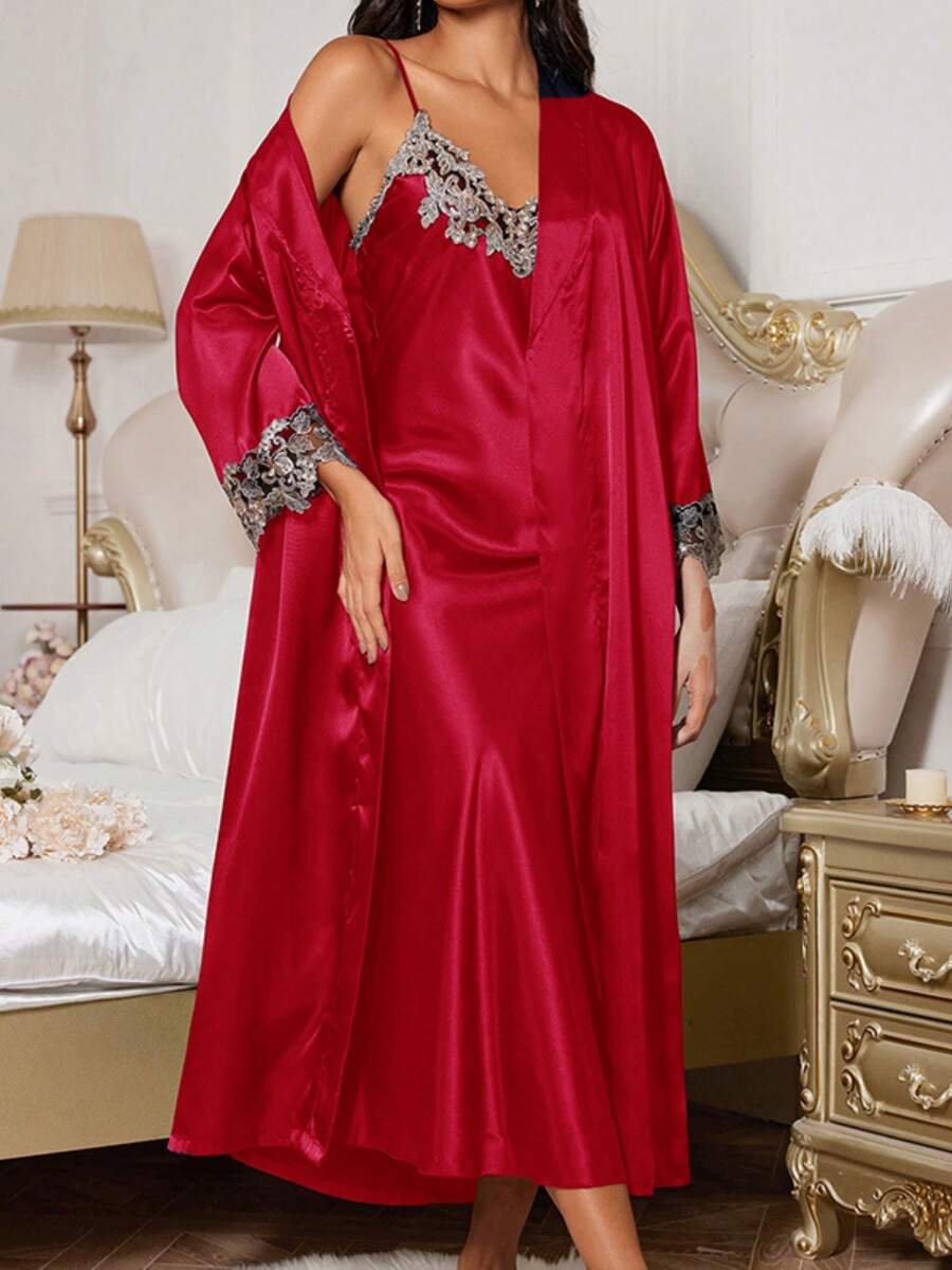 Women's Satin Long Robe And Lace Trim Nightgown Set - Red - View 1