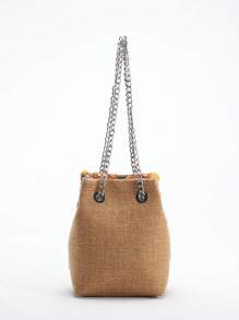 1pc Multi-Color Linen Textured Bucket Bag With Sequin Embroidery, Fashionable Shoulder Bag - Multicolor - View 4