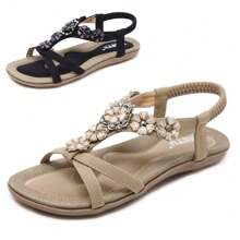 Living And Home 2 Colors Fashion Bohemian Style Flowers Rhinestone Women Beach Sandals,Women Flip Flops Sandals,Summer Rhinestone Open Toe Comfort Breathable Beach Shoes,Women Low Heeled Sandals,Boho Casual Flat Sandals - Apricot - View 1
