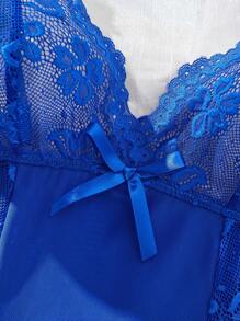 Women's Solid Color Mesh Contrast Lace See-Through Sexy Camisole Nightgown, Rave - Royal Blue - View 5