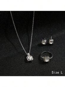 4pcs/Set Cuboid Shiny Zirconia Inlaid Stud Earrings & Pendant Necklace & Ring Elegant Luxury Style Delicate Female Gift - Multicolor - View 5