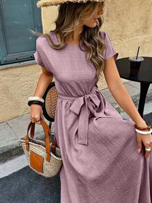 Women A-Line Ruched Linen-Like Texture Dress - Dusty Purple - View 2