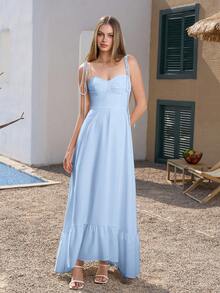 PARTHEA Vestido maxi elegante de unicolor con pliegues y espalda descubierta para mujer, de verano - Azul - Ver 6