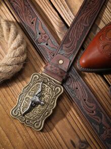 1 件男士波西米亚西部牛仔牛头扣复古深棕色 PU 皮带，适合所有季节