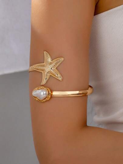 1 pieza Pulsera con diseño asimétrico, aberturas, perlas y estrellas de mar, de estilo playero y de resort