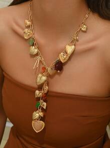 1 件高端金色心形树脂和天然小宝石吊坠项链，多吊坠 Y 形设计，适合派对、节日、情侣礼物，每颗宝石和树脂件的尺寸和颜色随机选择 - 彩色 - 查看 3