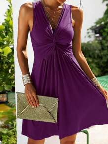 Women's Sleeveless V Neck Front Knotted Tank Dress Summer Solid Casual A Line Dress - Màu tím - Xem 2
