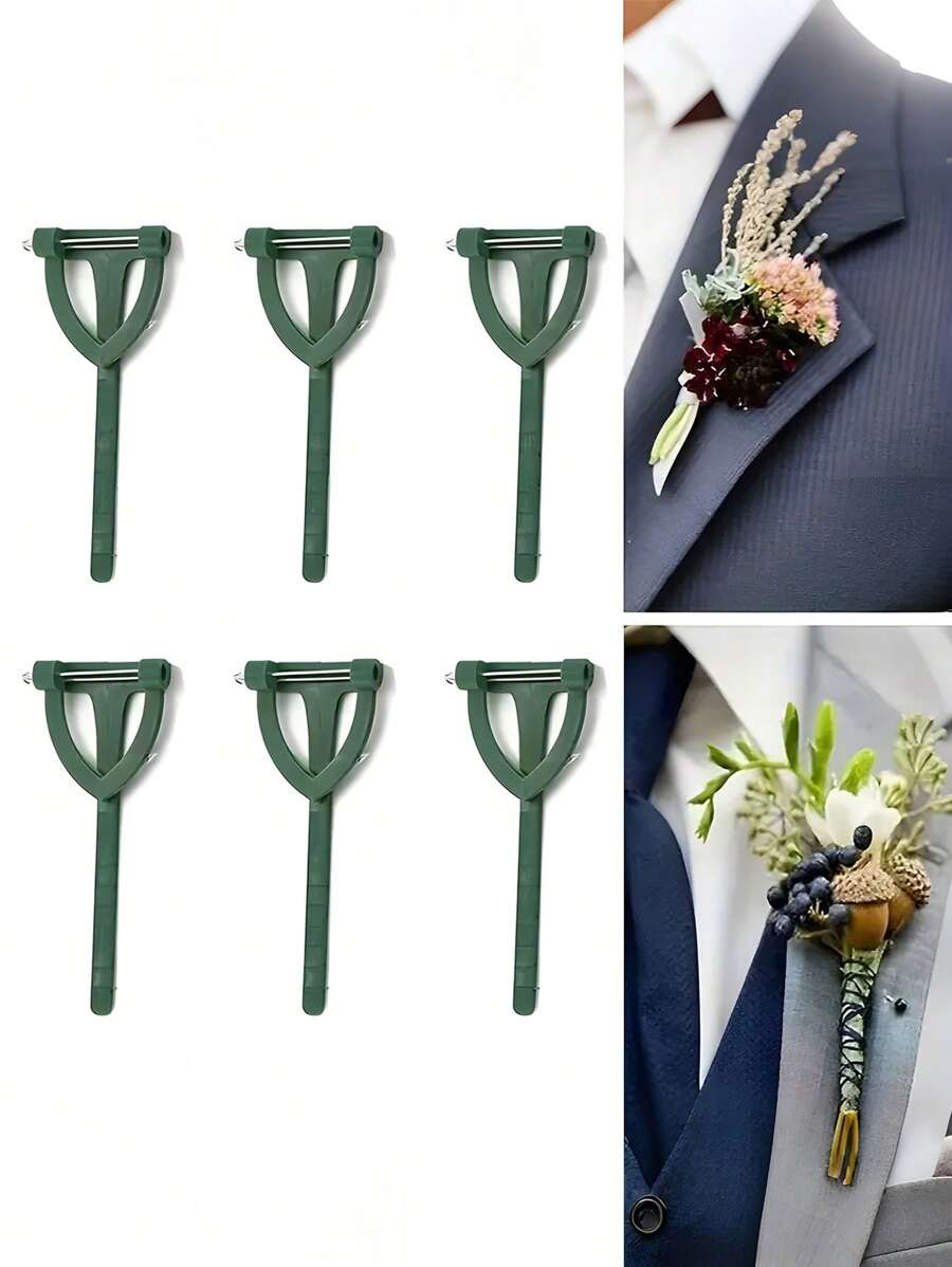 6Pcs Triangle Brooch For Groom Bridal Wedding, DIY Corsage Pins, Wedding Buttonhole Flowers Pin, High-End Bouquet Holder, Wedding Corsage Making Material T-Shaped Chest Buckle, Holder, Valentine's Day Flower Bundle Stand, Wedding Supplies