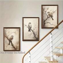 [Set de 3 obras de arte en lienzo de pájaros sin marco] Set de 3 piezas, sin marco, 16x24 pulgadas, Pintura en lienzo de un pájaro posado en una rama de árbol para decoración del hogar, sala de estar, dormitorio, cocina, oficina, cafetería, impresiones de alta calidad, regalo perfecto y decoración