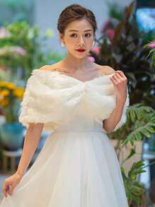 1 szt. pluszowy szal ślubny, peleryna na suknię ślubną, biały futrzany kołnierz dla panny młodej, ciepły pluszowy szal, jesienne ubrania dla kobiet - Biały - Zobacz 7