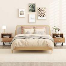 Nightstand Set Of 2 Mid Century Modern End Tables With Drawer-Natural - Khaki - View 3