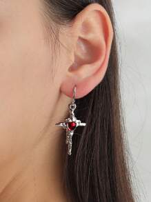 水钻心形、、星星朋克风格环状耳环 - 紅色 - 查看 2