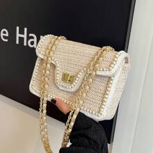 Women's Hand Woven Straw Woven Handbag, Lightweight Beach Summer Beach Vacation Shoulder Handbag, Pearl Edging, Fashionable And Simple Flip Top Crossbody Small Square Bag - Beige - View 5