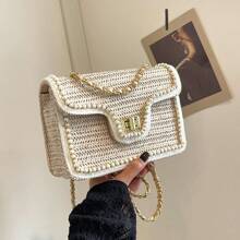 Women's Hand Woven Straw Woven Handbag, Lightweight Beach Summer Beach Vacation Shoulder Handbag, Pearl Edging, Fashionable And Simple Flip Top Crossbody Small Square Bag - Beige - View 6