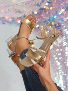 PEIYUMI Sandalias de tacón alto con adornos de cristal para mujer, hechas a mano, para uso casual en la playa durante el verano