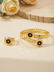 Mgyi Gold-Colored Copper Fashionable And High-End Luxury Retro Jewelry Set For Women,18K Gold Plated Elegant Luxury Square Design Bracelet,Ring For Women, Suitable For Nigeria, Dubai, Middle East, Saudi Arabia Bridal Wedding, Daily Wear, Wedding Anniversary Gift, Halloween Gift For Friends - Gold - View 9