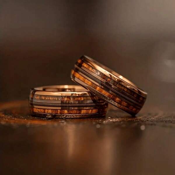 1pc Fashion Double Wood Grain Three Wire Strings Stainless Steel Men Ring Holiday Banquet Jewelry Accessories Gift