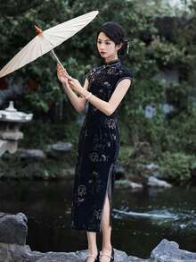 Elegant Retro Floral Print Cheongsam Collar Straight Dress - Black - View 2