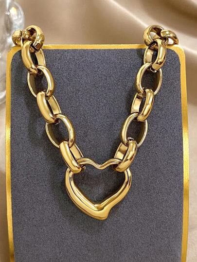 1 件时尚心形吊坠链项链，适合女士青少年女孩优雅粗不锈钢项链日常派对珠宝礼物