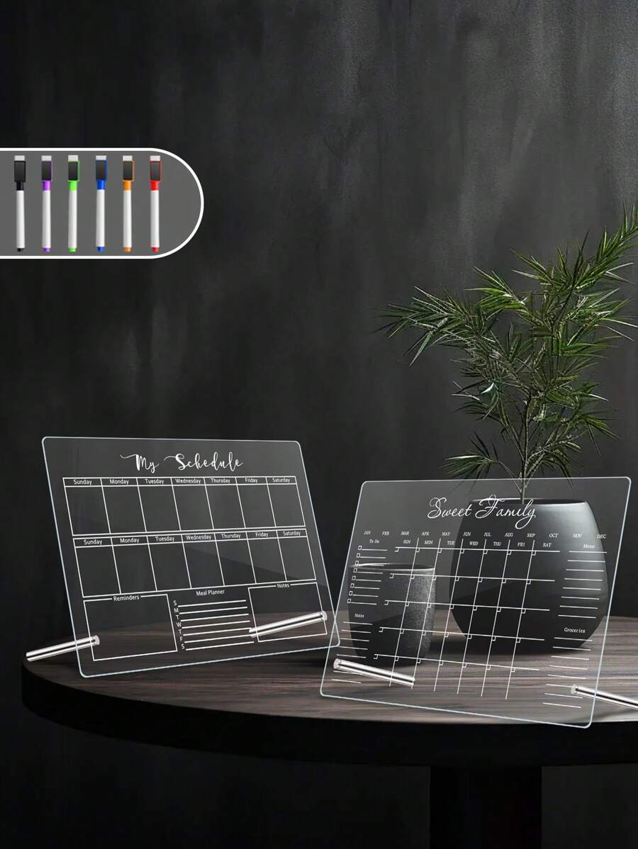 1 pieza Pizarra de planificador semanal/mensual de acrílico (incluye 6 marcadores de pizarra blanca), Pizarra de recordatorios de oficina borrable, Pizarra de calendario transparente de acrílico, Tablero de corcho, Tablero de alfileres, Tablero de visión - Multicolor - Ver 1