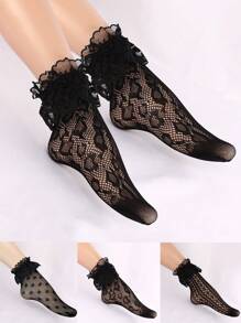 1-3 Pairs Ladies Leopard Polka Dot Stripe Lace Mesh Net Lace Top Fishnet Ankle Socks - Multicolor - View 1