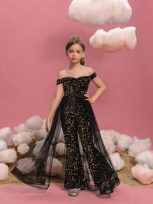 Tween Girl Off Shoulder Waist & Mesh Sequin Joint Party Jumpsuit - Black and Gold - View 2