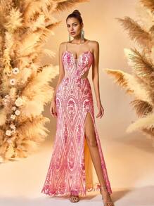 2025 Metallic Pink Satin Evening Gown With 3D Floral Embroidery Deep V-Neck High-Slit Floor-Length Dress, Carpet Glam Celebrity Style Formal Gown, Party Dress, Wedding Guest Dress, Prom Dress - Pink - View 4
