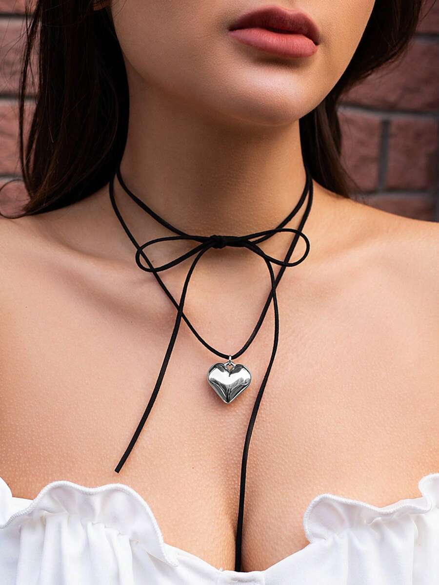 1 Fashionable Asymmetric Heart-Shaped Pendant Charm Necklace For Ladies, Casual Street Style, Holiday Gift For Friends - Silver - View 1