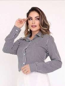 Women's Dress Shirt, Long Sleeve With Fine Stripes In Chalk Polyester, Has Buttons On The Sleeve.