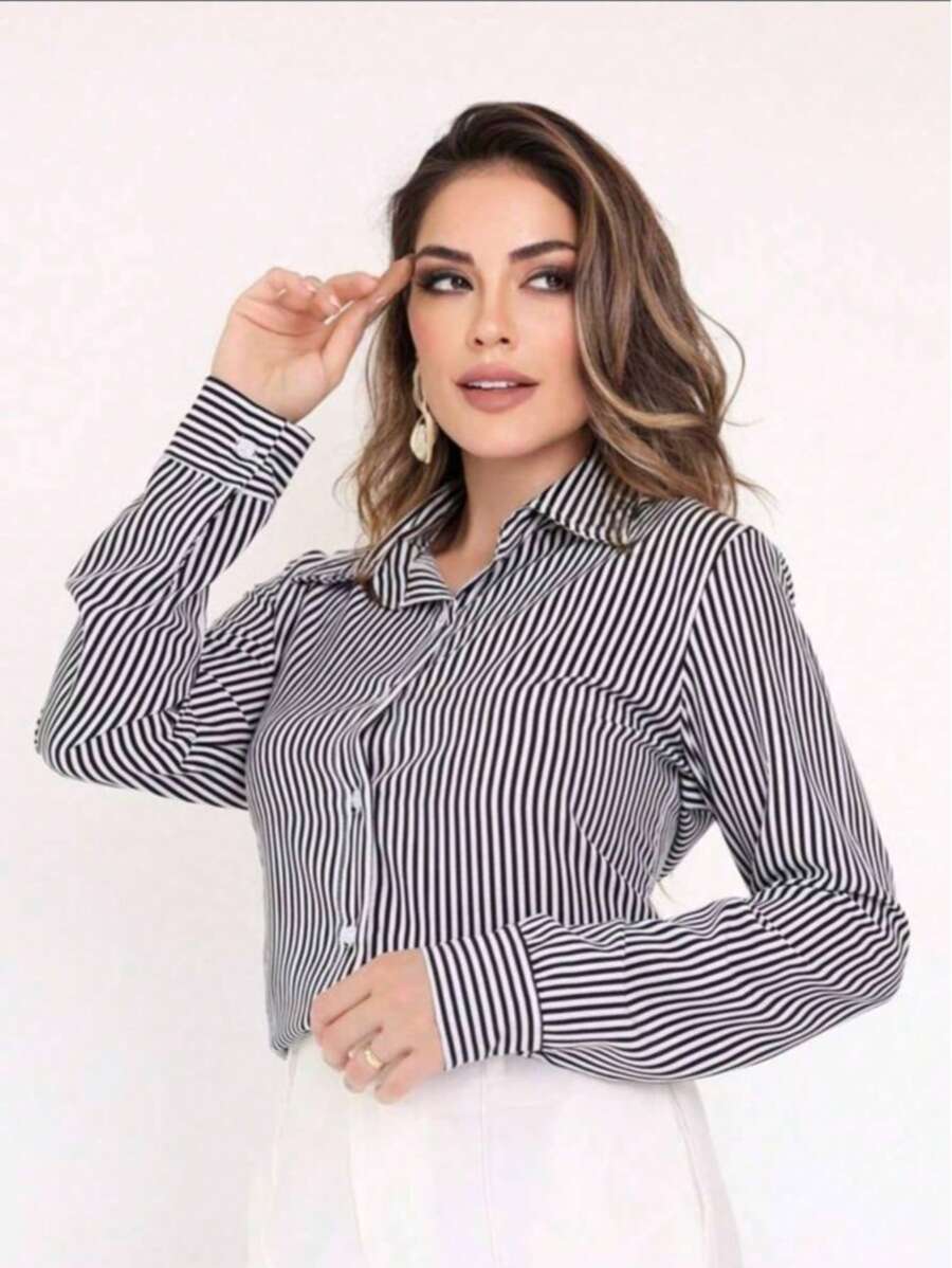Women's Dress Shirt, Long Sleeve With Fine Stripes In Chalk Polyester, Has Buttons On The Sleeve.