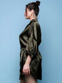 Half Sleeve Colorblock Buttoned Shirt Dress - màu xanh lá - Xem 5