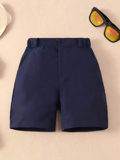 Young Boy Plain Casual Shorts With Pockets And Elastic Waistband, Athletic/School Uniform Shorts