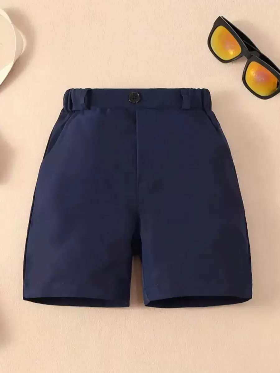 Quần short thường ngày trơn cho bé trai có túi và cạp chun, quần short đồng phục thể thao/trường học - Màu xanh hải quân - Xem 1