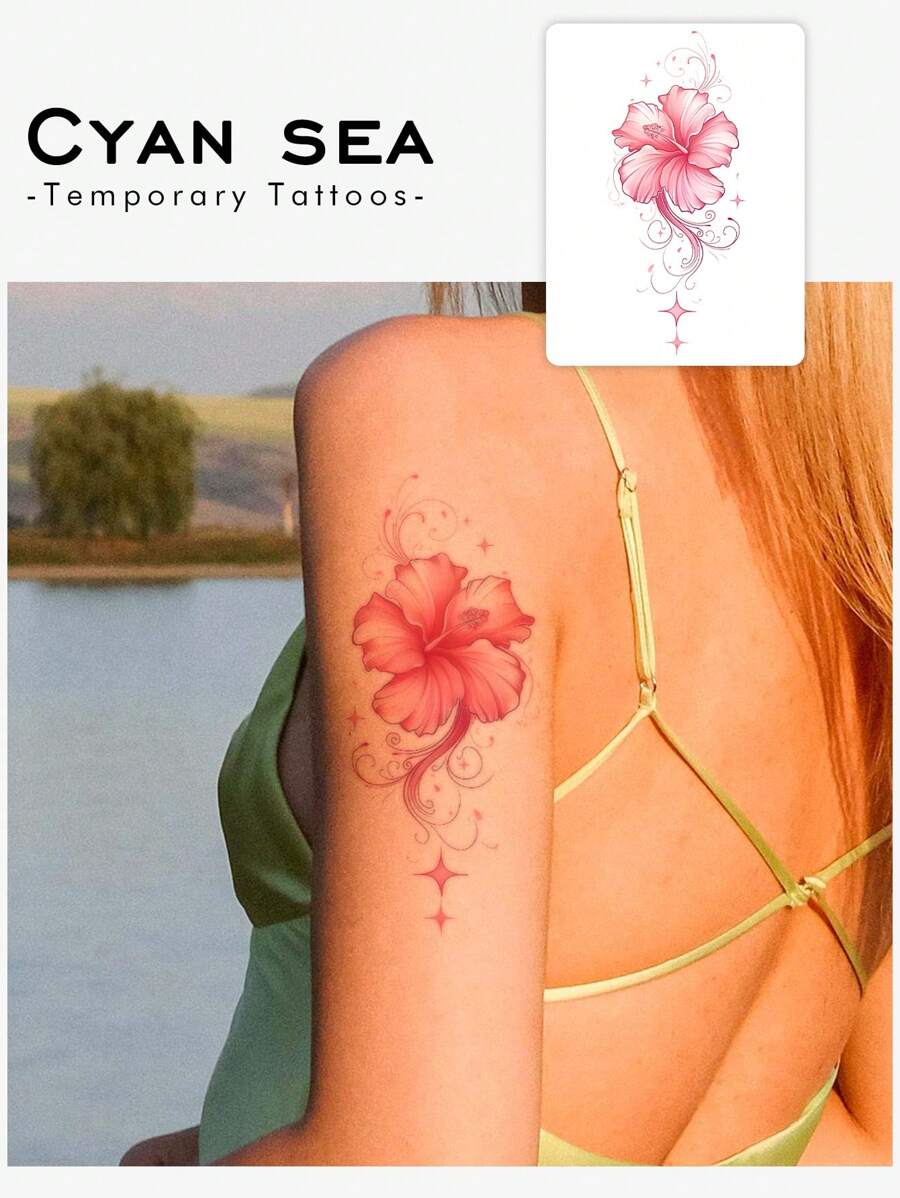 1pc Waterproof, Sweat-Resistant, Washable, Glare-Free Temporary Tattoo, Floral Art Design For Couples, Suitable For People Daily Use - Pink - View 1