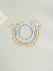 4pcs Holiday Style Heart Chain Pearl Anklet (Random Heart Chain Quantity, Based On Length) Valentine's Day Valentines,Mom,Mother,Mother's Day,Gift