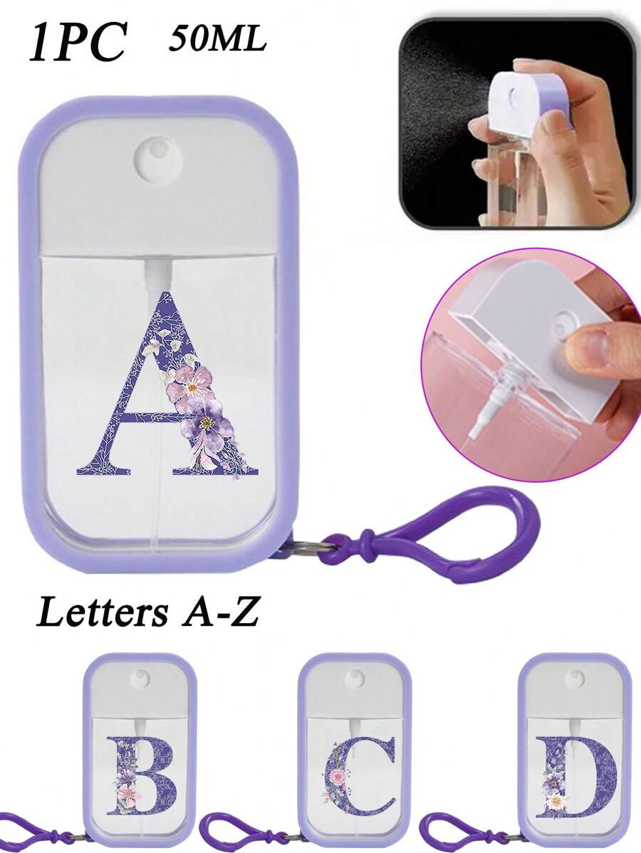 50ml Pequeño desinfectante de manos perfumado vegano en spray con llavero, botella de spray de agua y alcohol, esencial de viaje, bolsa de transporte de playa - Morado - Ver 1