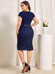 Plus Sweetheart Contrast Floral Lace Hem Semi Formal Party Bodycon Dress, For Cocktail - Navy Blue - View 9