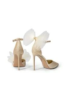 Women High Heels Strappy Closed Toe Stiletto Pointed Toe Mesh Bows Ankle Strap D'Orsay Prom Wedding Party Pumps Shoes - Vàng - Xem 3